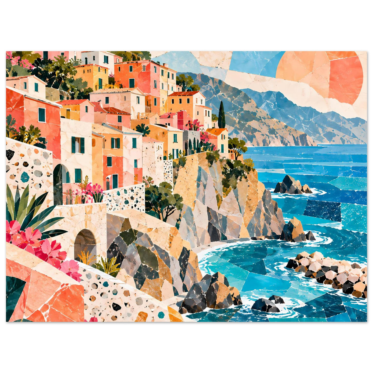 Horizontales Küstendorf-Poster: bunte Häuser, Bucht mit Wellen und Felsen im Blau