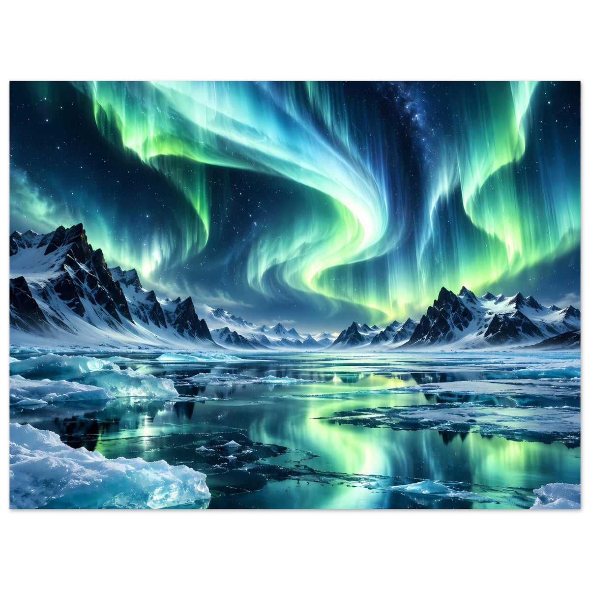 Breites Poster mit Nordlichtern über zugefrorenem See, blau-grüne Strahlen und Schneeeis