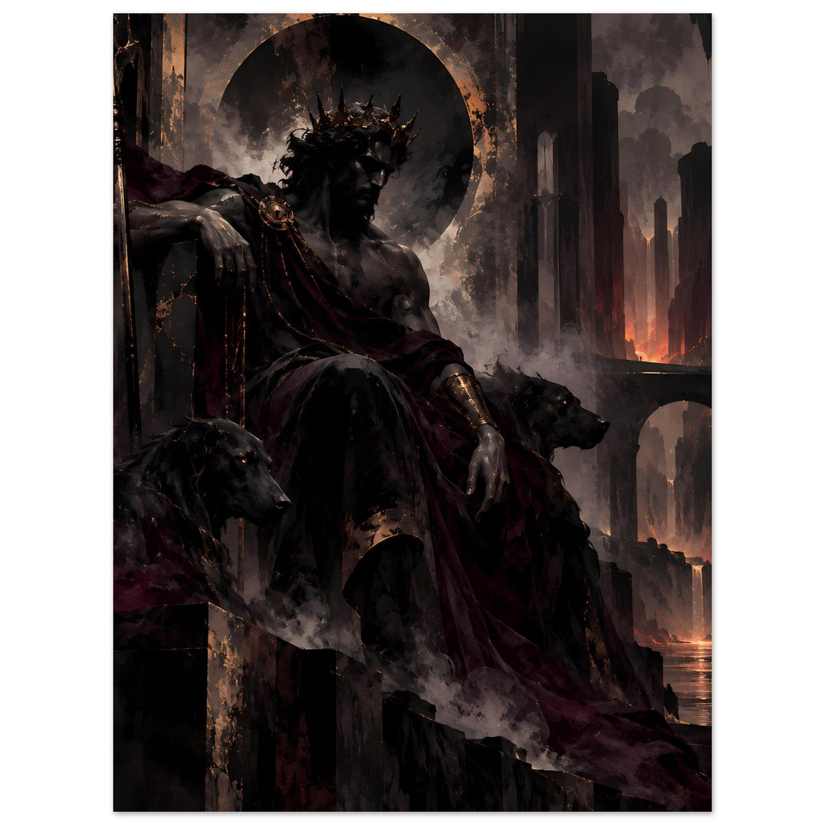 Dark-Fantasy-Poster: Ritter in dunklem Umhang mit schwarzem Helm und Mond im Hintergrund