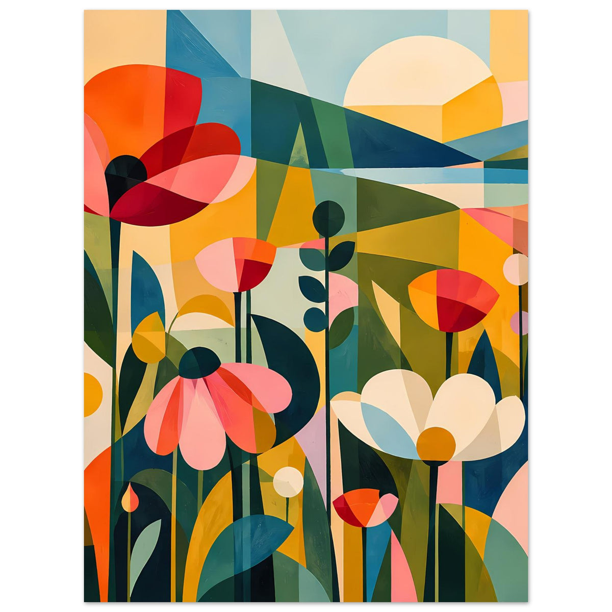 Abstraktes Blumenposter im Hochformat mit hellen Blüten, dunklen Stielen und gelber Sonne