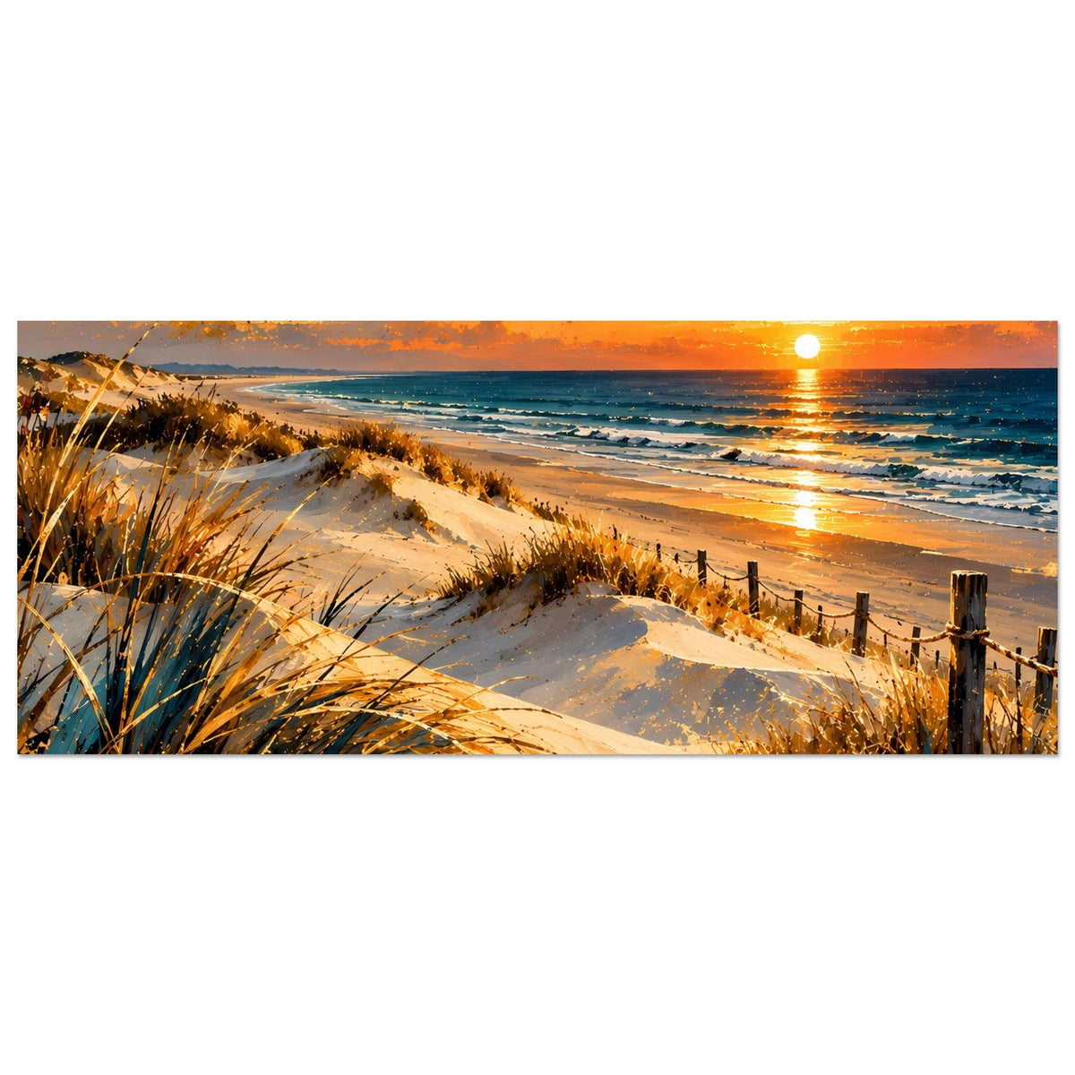 Horizontales Strandposter mit Sanddünen, Meerlinie und goldenem Sonnenuntergang