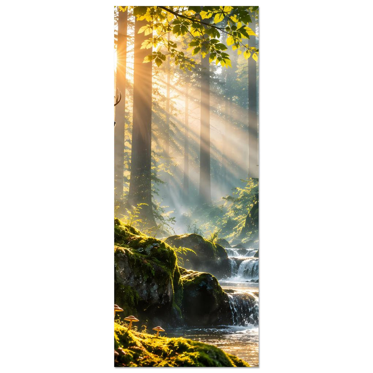 Hochformatiges Waldposter mit Wasserfall, Nebellicht und Hirsch vor Baumstamm am Rand