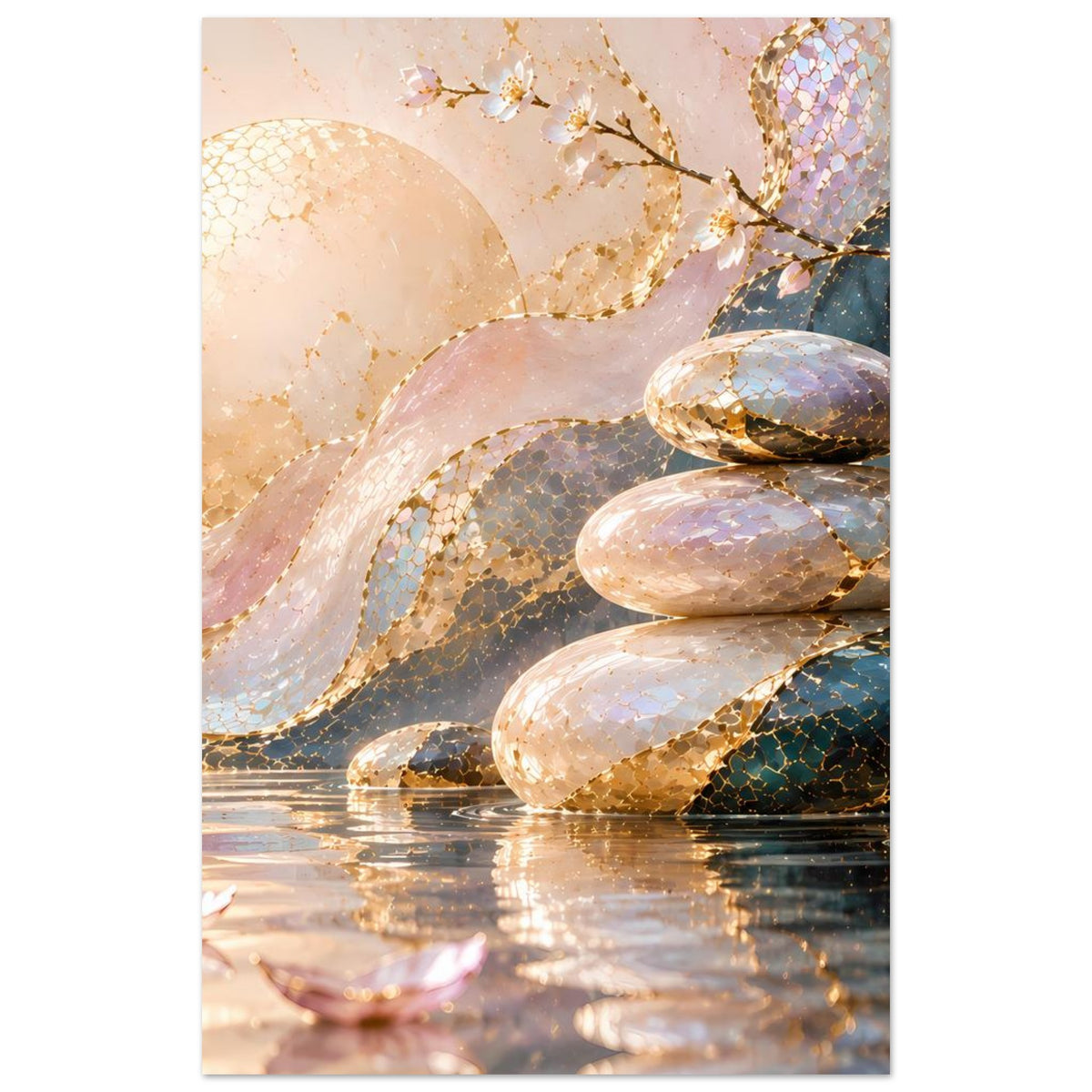 Hochformat-Poster: runde Steine in Wasseroptik, goldene Akzente, Blüten an Zweigen