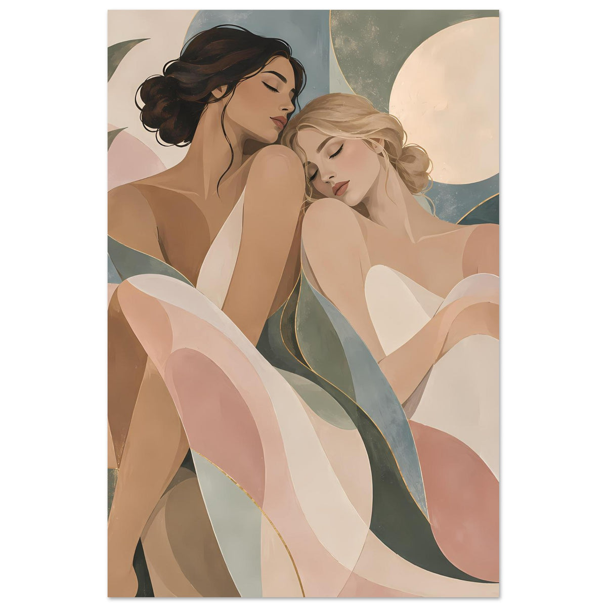Poster im Hochformat mit zwei Frauen in Pastellfarben, ruhige Gesichter und geschwungene Linien