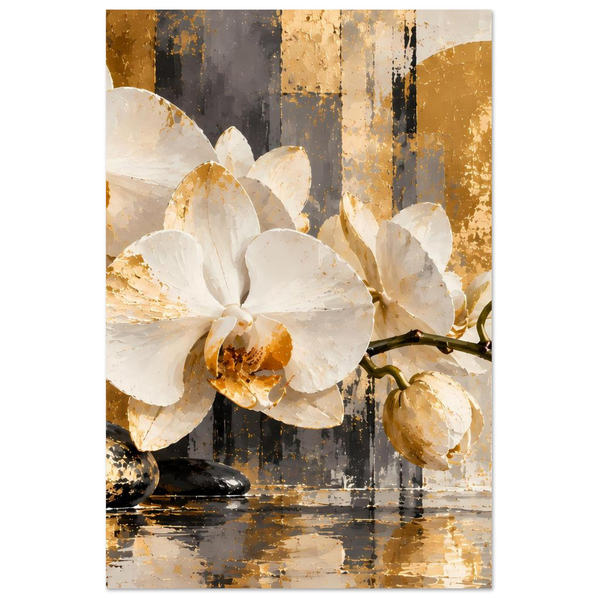 Orchideen-Poster im Hochformat mit großer weißer Blüte, goldgelben Highlights und dunklen Linien