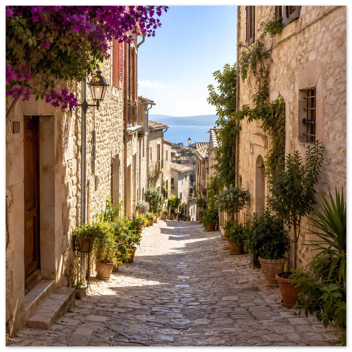 Poster mit mediterraner Gasse aus hellem Stein, lila Blüten an Bäumen und Kübeln