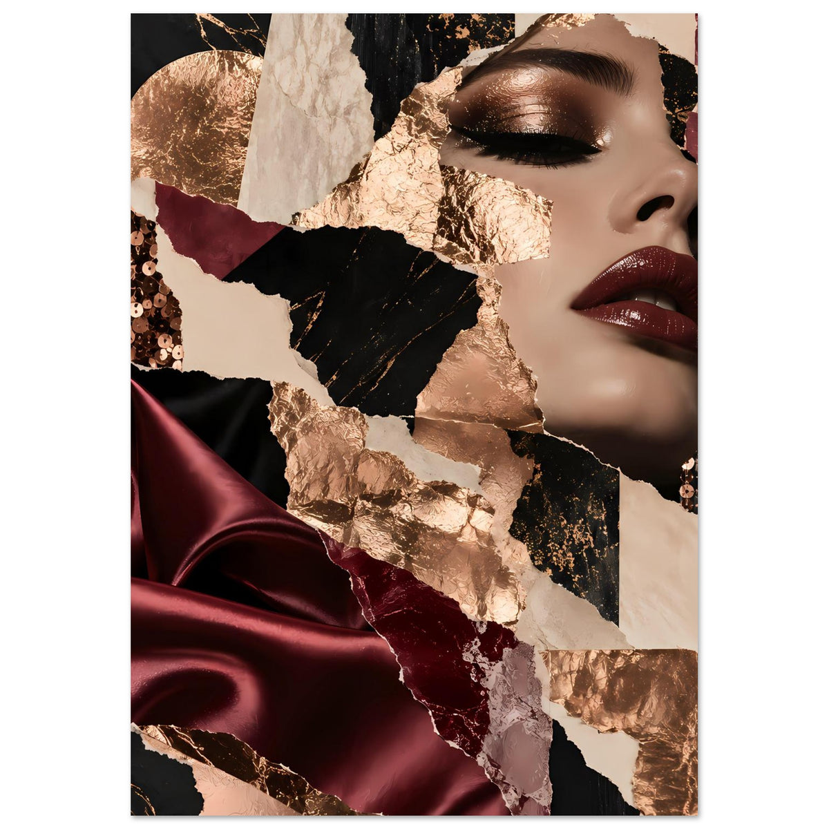Poster im Hochformat mit Frauenprofil: bordeauxroter Satin, Gold- und Schwarzflächen, Glamour-Pailletten