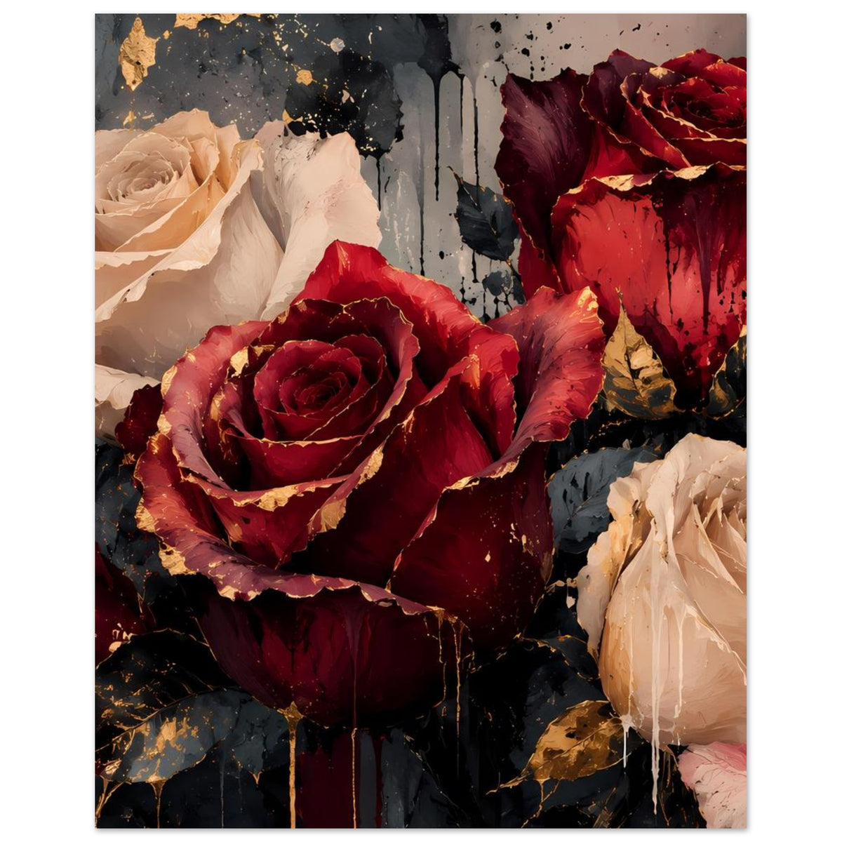 Kunstposter mit Zentralrose in dunklem Bordeauxrot und cremefarbenen Rosen, goldene Akzente