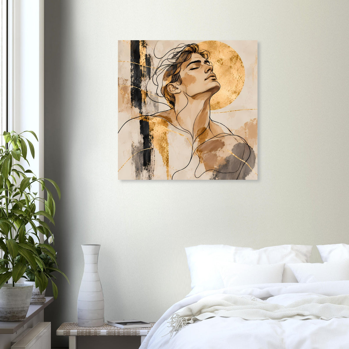 Portraitposter mit Porträtfigur, Gold-Beige Kreis und feine schwarze Konturen