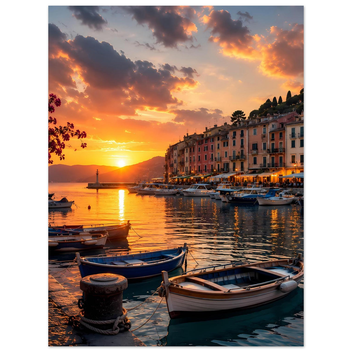 Poster mit warmem Sonnenuntergang im Hafen, Boote am Kai und Küstenhäuser