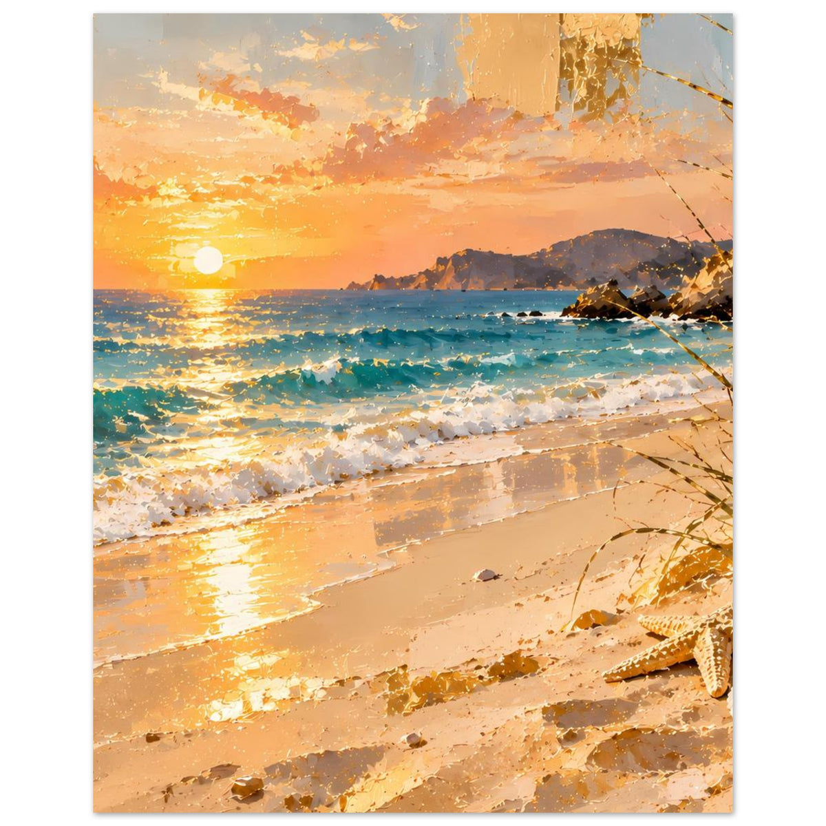 Vertikales Poster Meerblick zur Dämmerung, goldene Sonne über dem Horizont, sandige Küste im Rahmen.