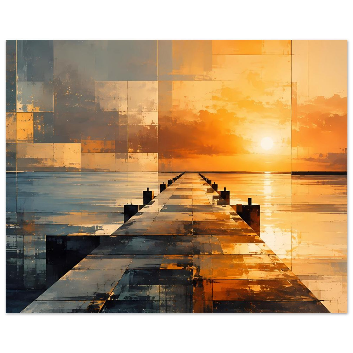 Querformat-Wandposter mit abstrakter Hafensteig-Perspektive, goldener Himmel und blaue Schatten