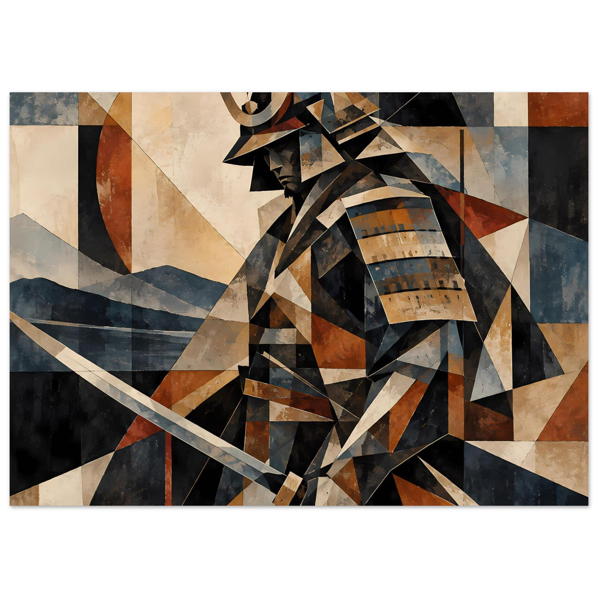 Poster mit geometrischem Samurai-Krieger in Erdtönen und Blau, zentrale Figur, abstraktes Design