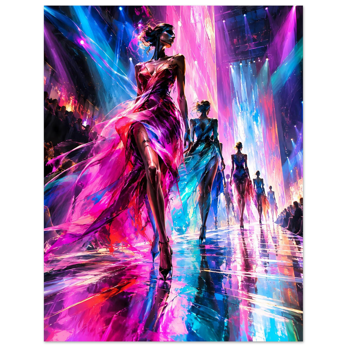Hochformat-Modeposter mit Model auf dem Laufsteg, farbige pink-blaue Lichtstrahlen