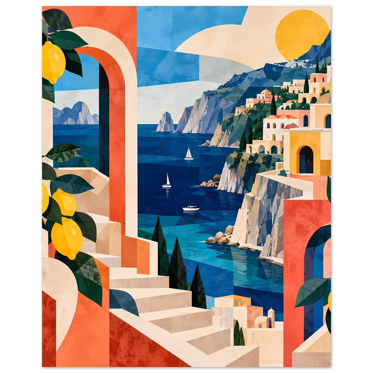Mediterranes Küstenposter mit Zitronenblättern, Meerblick und Treppenbogen
