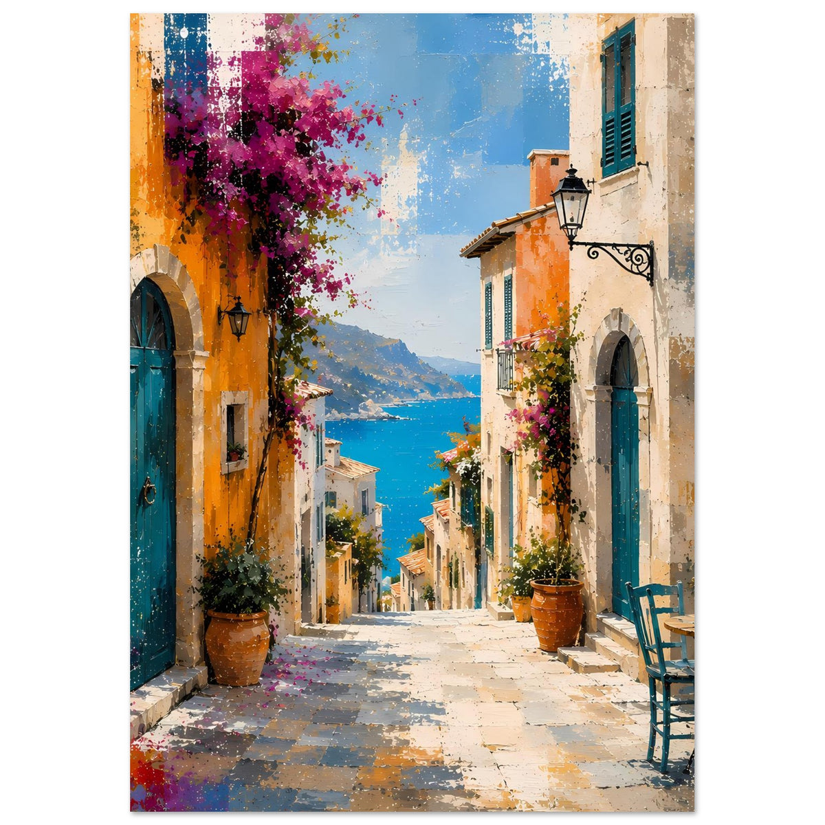 Poster im Hochformat: Gasse mit blauen Türen, orange Fassaden und Küstenlandschaft