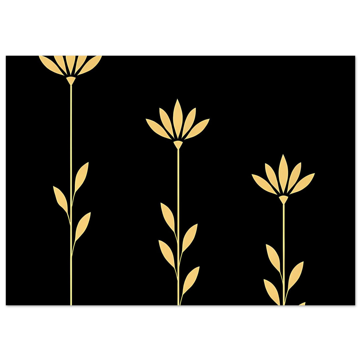 Breites botanisches Poster mit goldenen Blütenstielen und Blättern auf dunklem Grund
