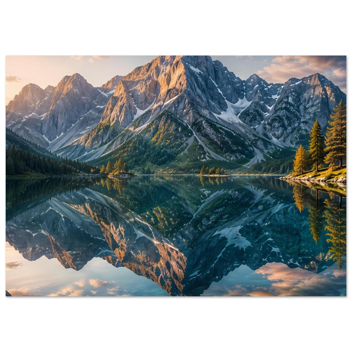Breites Poster mit Alpenblick und spiegelndem See, leuchtende Berge und Bäume am Rand