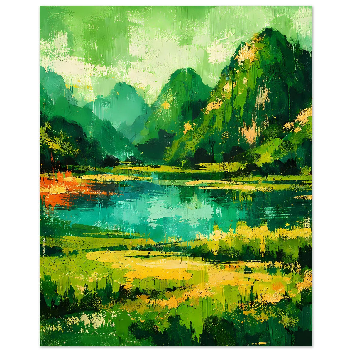 Abstraktes Poster mit grüner Berglandschaft, türkisblauem See und kräftigen Farbklecksen