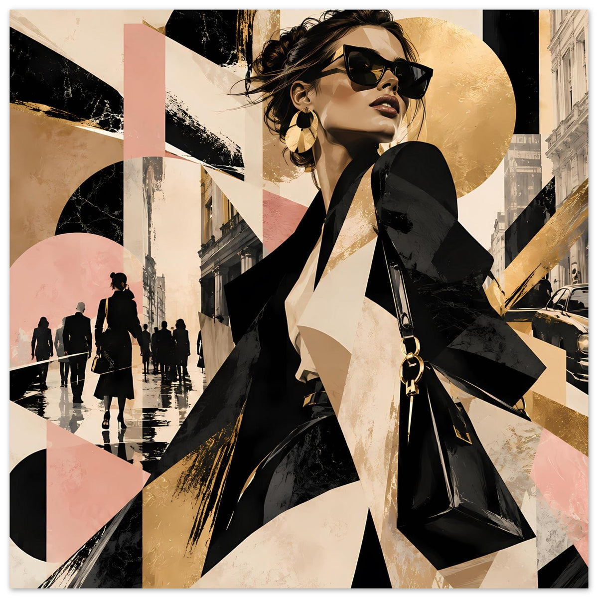 Mode-Poster: Frau mit schwarzer Sonnenbrille, abstrakte Gold-/Beige-Formen