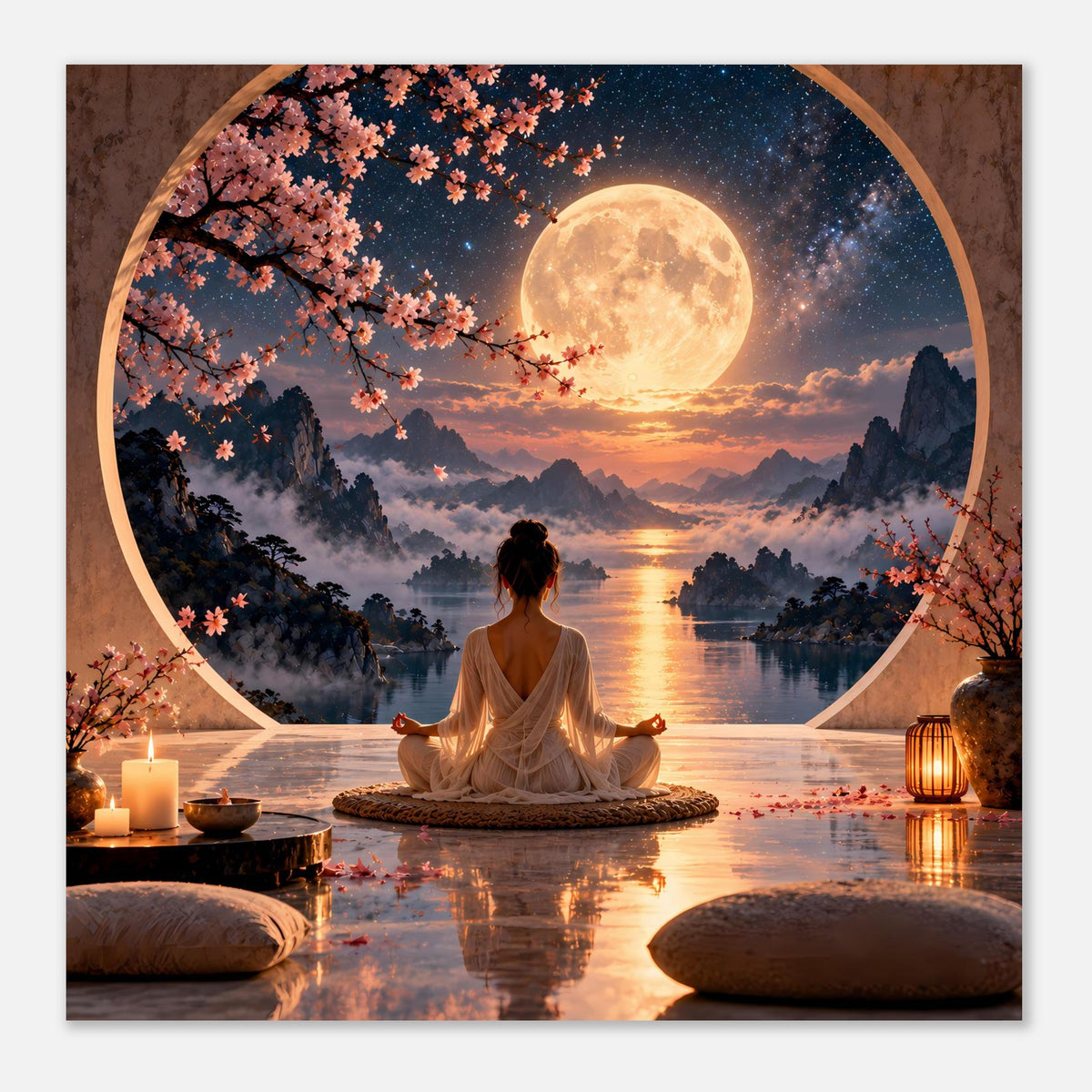 Zen-Meditationsposter: Meditierende im Schneidersitz, Mond über See, Kirschblütenzweig