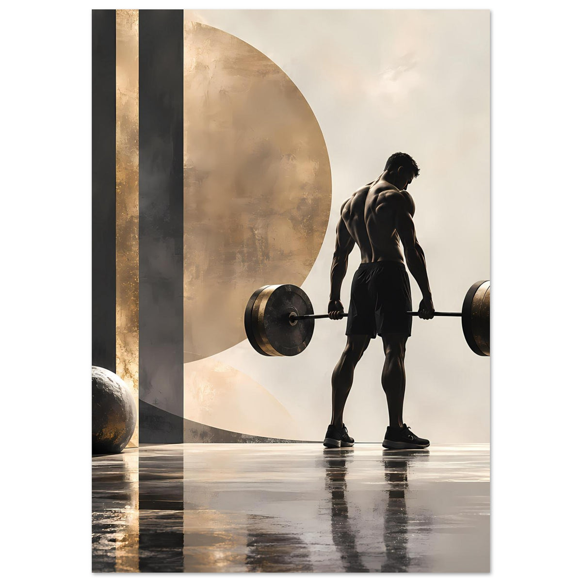 Fitness-Poster mit Personensilhouette und Langhantel, goldene Kreisform im Hintergrund.