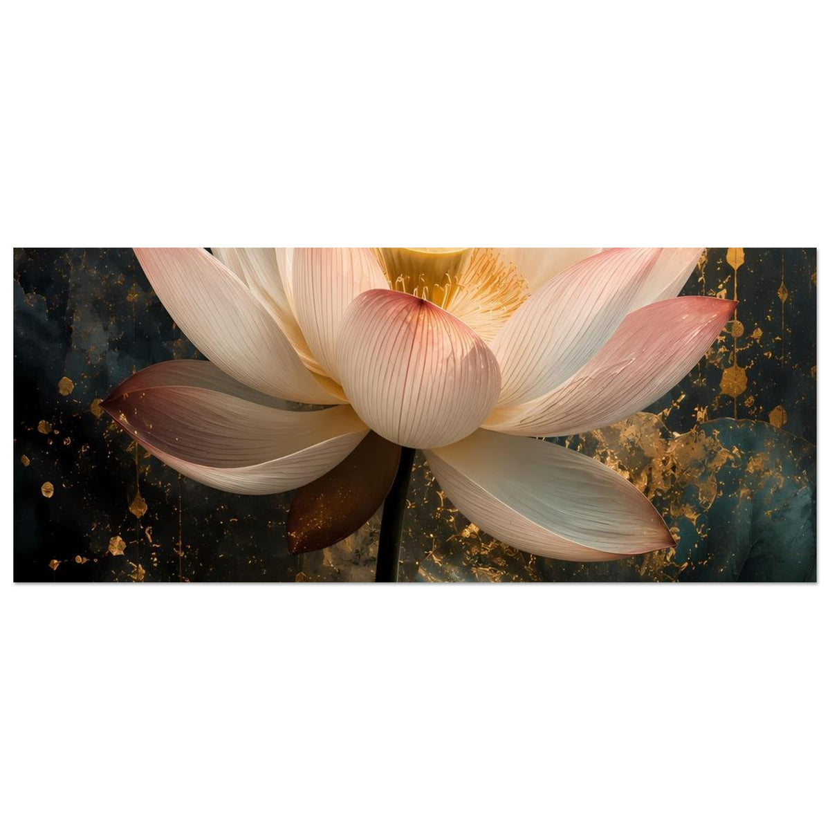 Horizontal zugeschnittenes Lotusblüten-Poster: weiße Blütenblätter mit goldener Blütenmitte