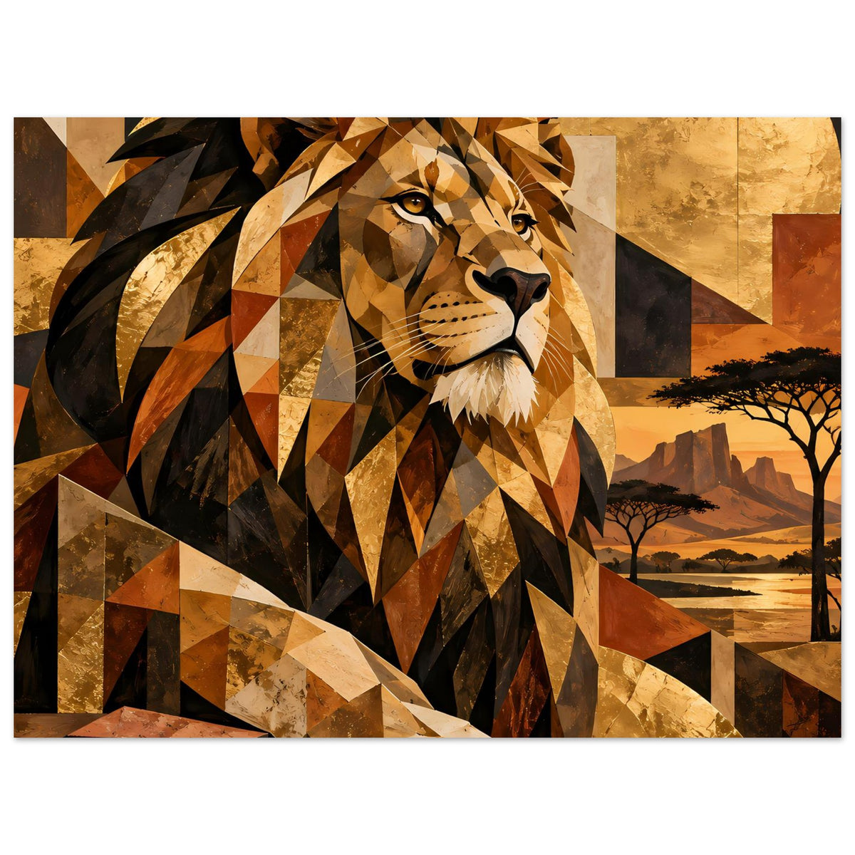 Geometrisches Löwenposter, Löwe mit Dreiecks-Textur und erdiger Farbpalette