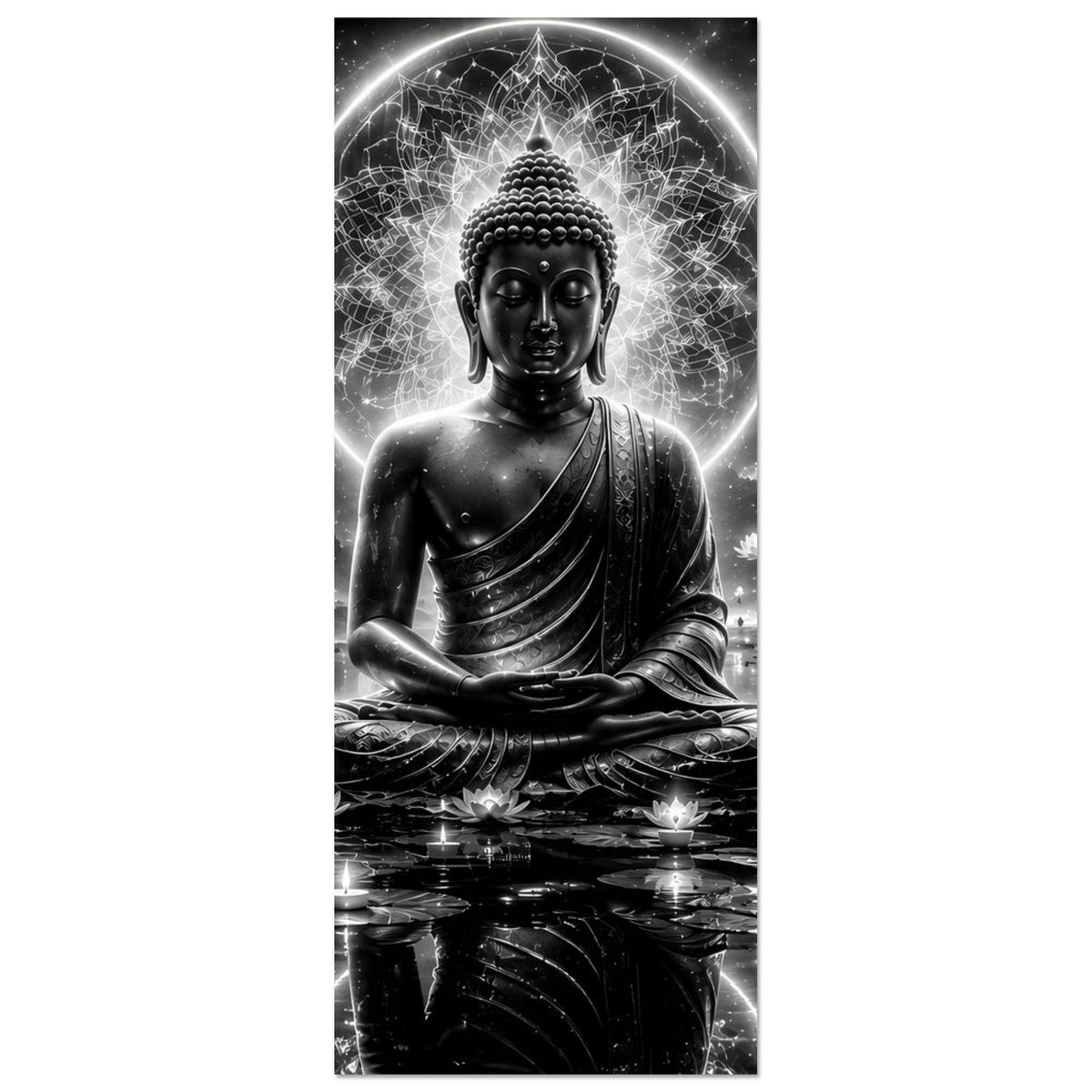 Vertikales Buddha-Poster Schwarzweiß: meditiere Buddhafigur, kreisförmiges Licht und Mandala