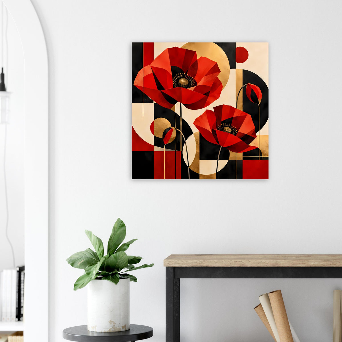 Gerahmtes Kunstposter mit roten Mohnblumen, goldbeigen Hintergründen und schwarzen Kreisen