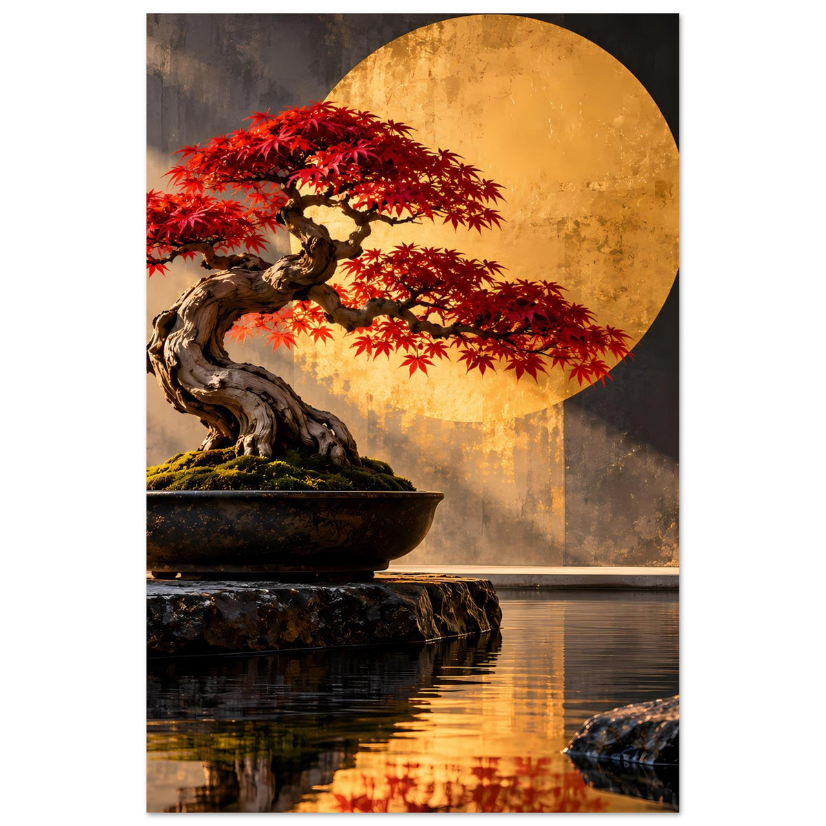 Vertikales Bonsai-Poster mit rotem Ahorn, dunklem Stamm und goldenem Halbkreis