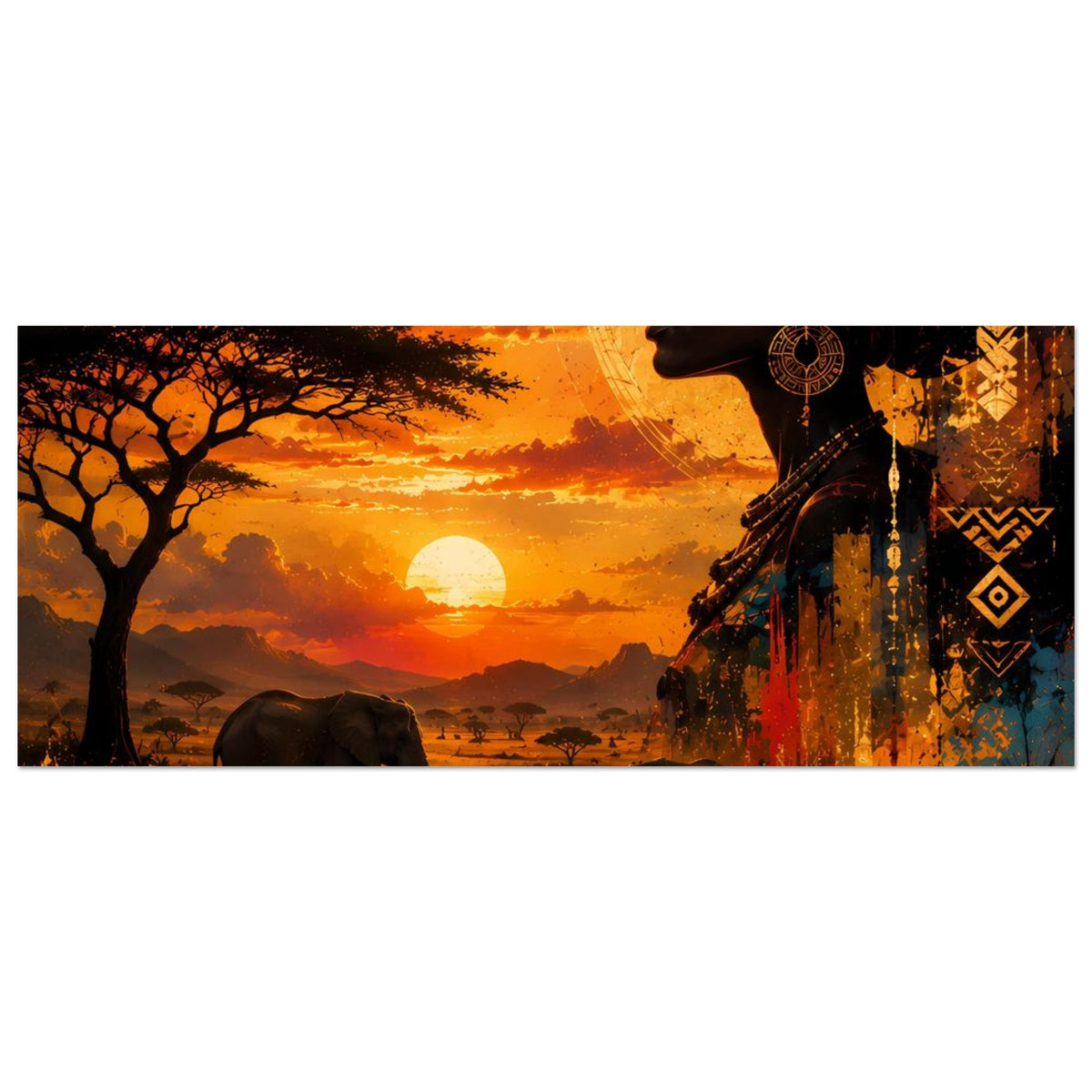 Posterstreifen: Sonne über Savannenlandschaft, Elefanten am Wasser, Schattenbaum