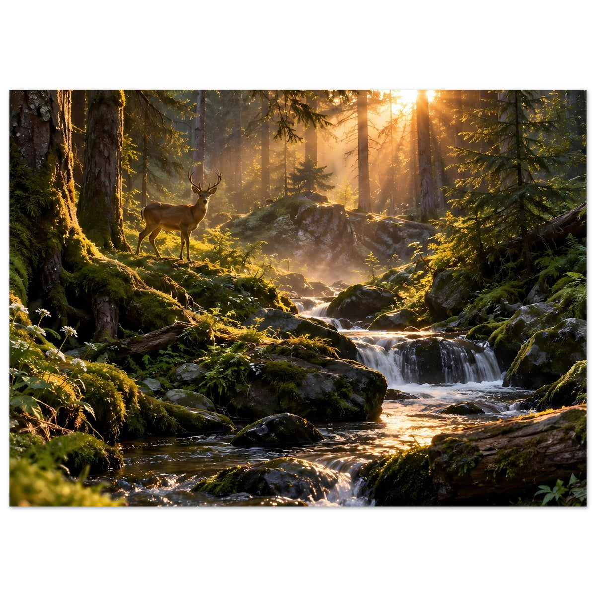 Poster: Waldbach mit fließendem Wasser, moosigem Wald und Hirsch am Ufer