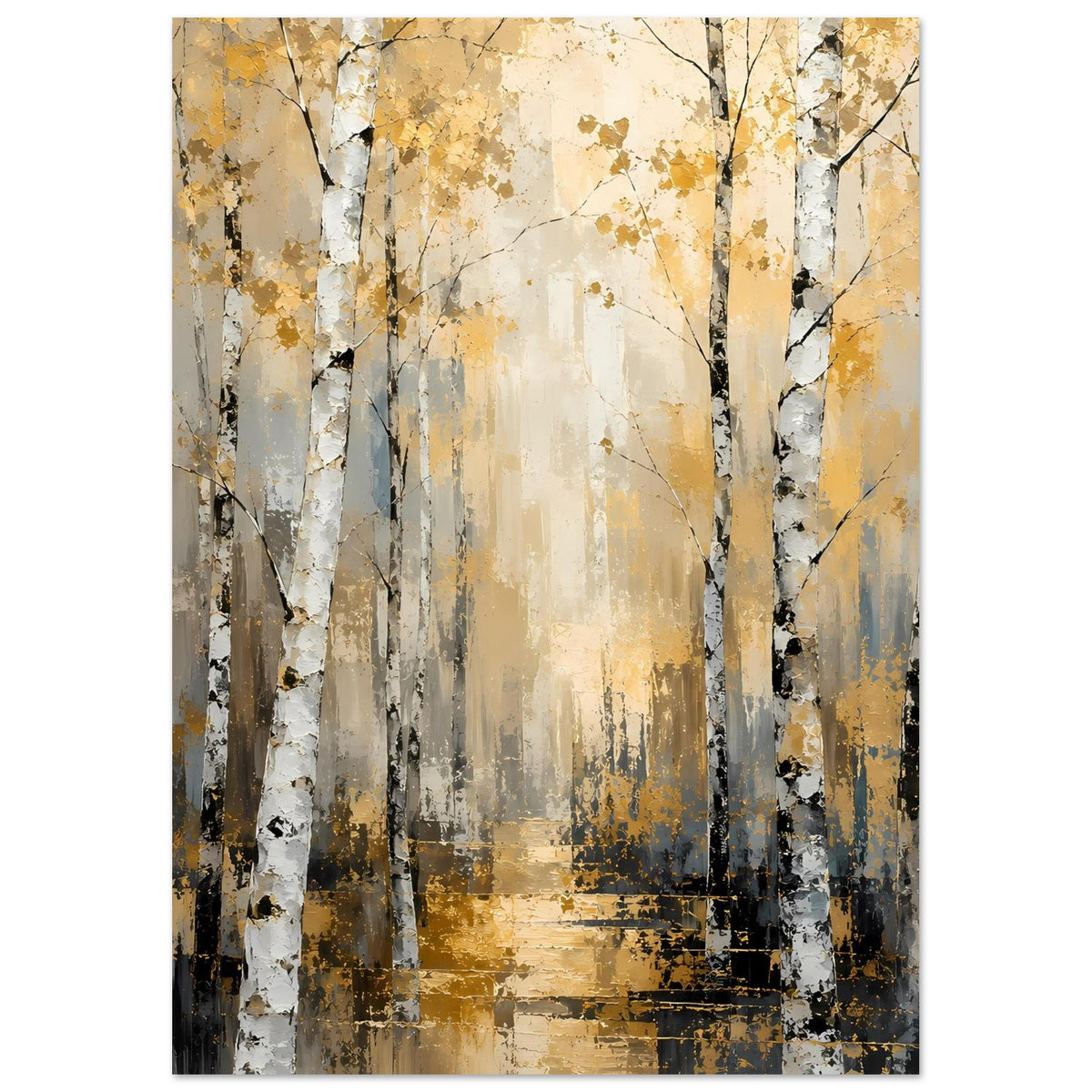 Poster im Hochformat mit Birkenwald: weiße Stämme, goldene Farbflächen, dunkle Linien