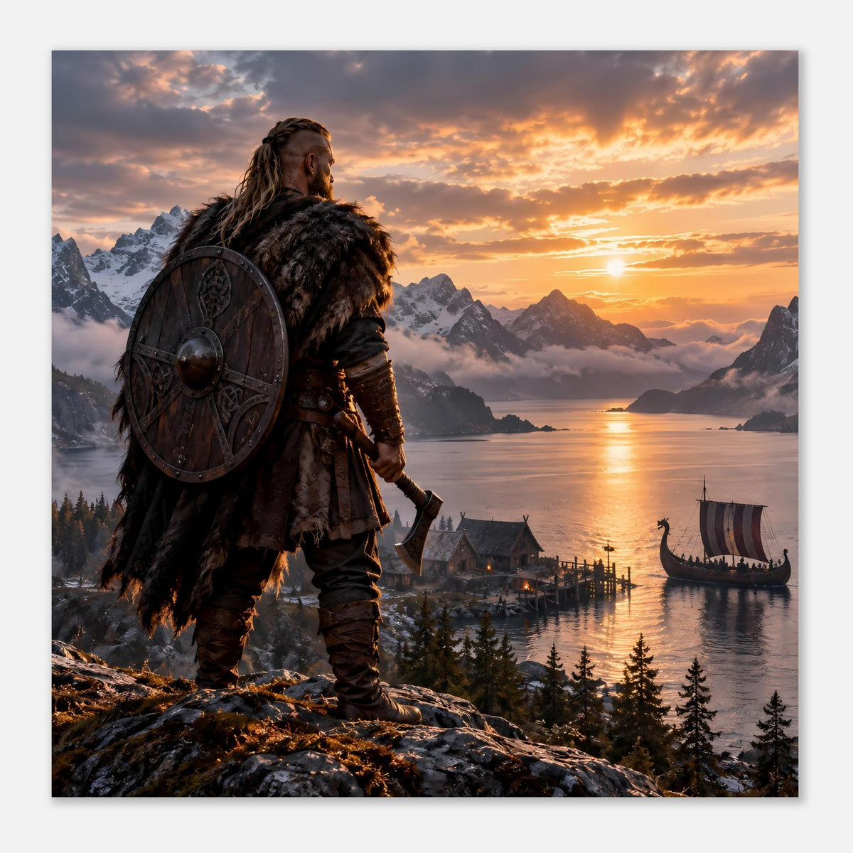 Poster mit Wikinger mit Rundschild auf Felsvorsprung, Fjordlicht und Langboot im Wasser