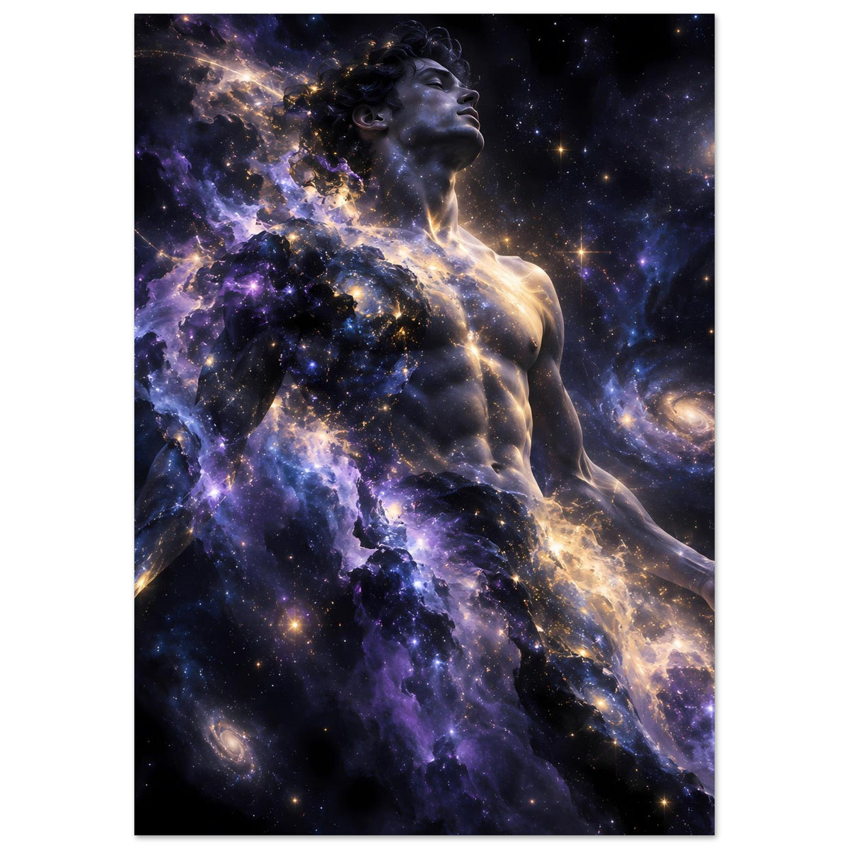 Galaxienposter: Ganzansicht der Figur mit kosmischem Leuchten in Violett und Gold