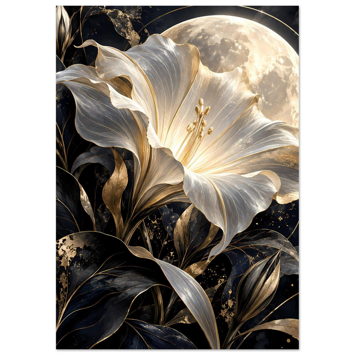 Poster im Hochformat mit weißer Blüte mit goldenen Staubfäden und Mondsichel am Rand