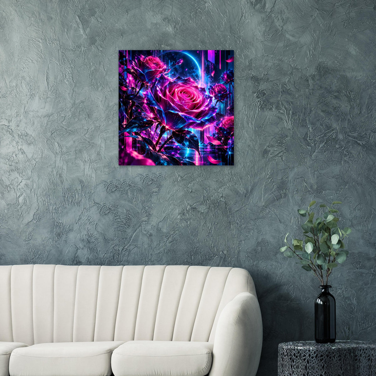 Quadratisches Kunstposter mit Neonrose-Motiv in Pink und Blau, leuchtende Details