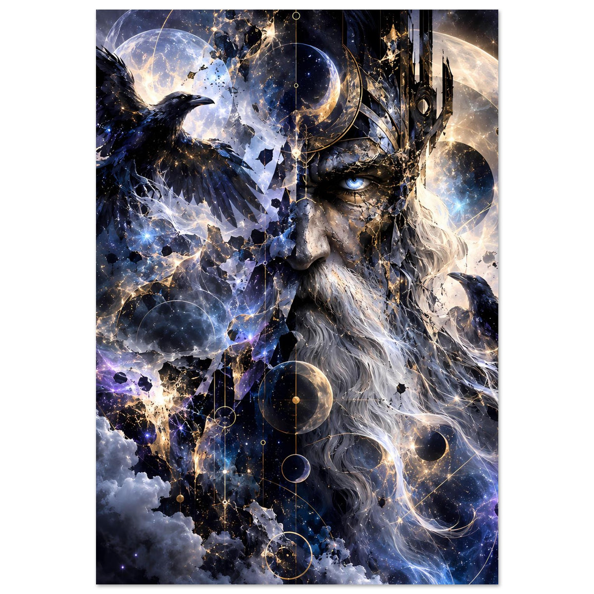 Fantasy-Poster mit König im Sternenraum, Rabe, Halbmond und goldblauen Lichtwirbeln