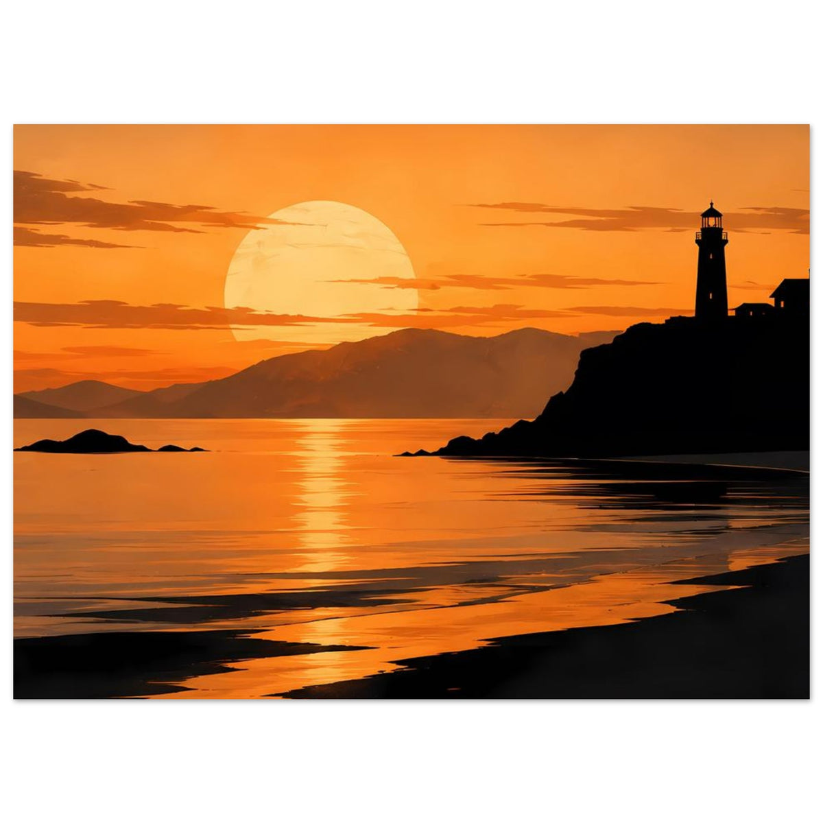 Küstenposter im Querformat: Sonnenuntergang über Meer, Leuchtturm und Strandlicht