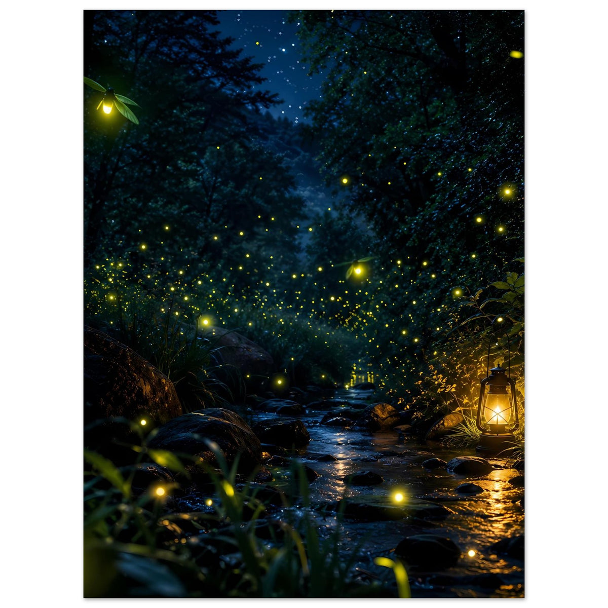 Wandposter mit Wald und Bach bei Nacht, leuchtende Glühwürmchen und Laterne im Vordergrund
