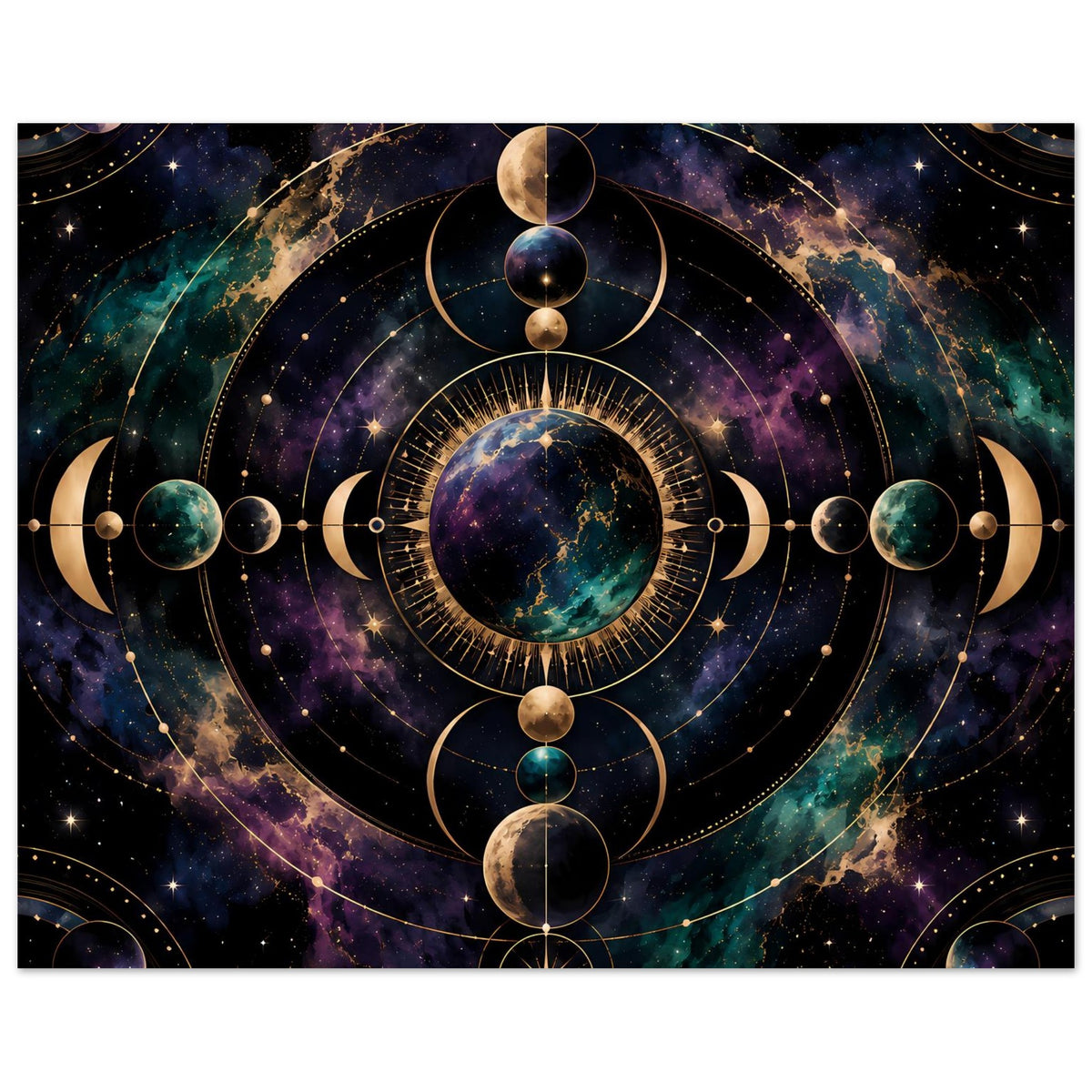 Poster mit abstraktem Mondphasen-Universum, Sterneffekt, goldene Linien und kreisförmiges Zentrum