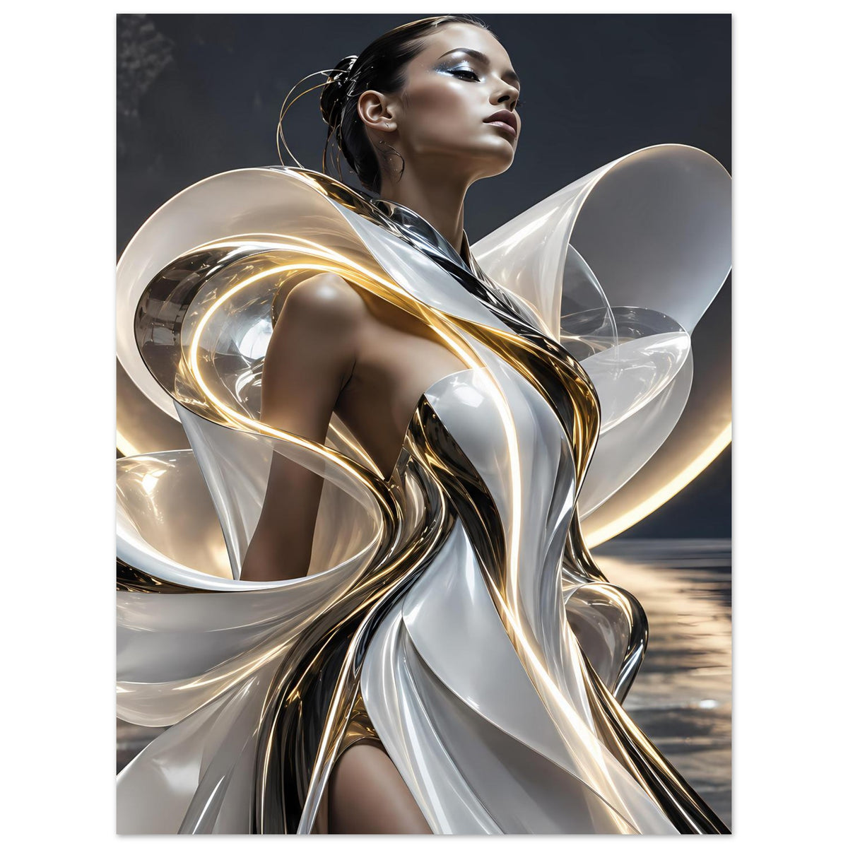 Abstraktes Poster mit silbernen und goldenen Metallwirbeln, stilisierte Frau im Profil