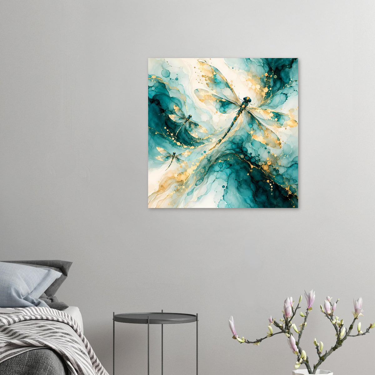 Kleines quadratisches Kunstposter mit Libellen in Türkis und Gold, goldene Akzente und Wirbel