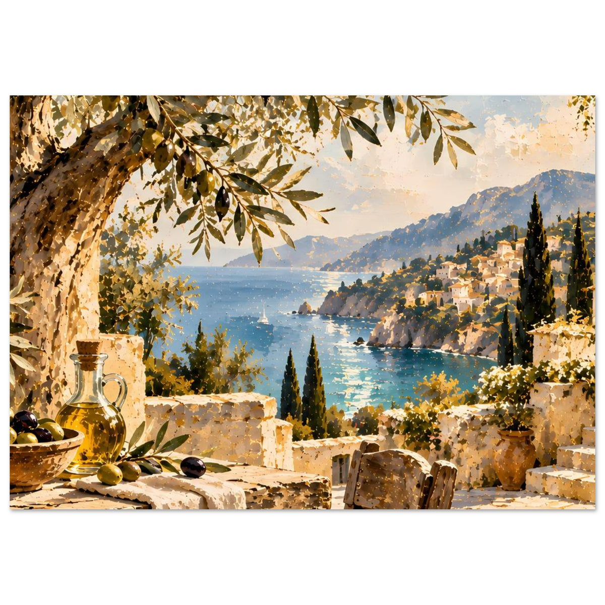 Küstenposter mit mediterraner Landschaft, Olivenzweigen, Meer und Steinterrasse mit Stuhl vorn