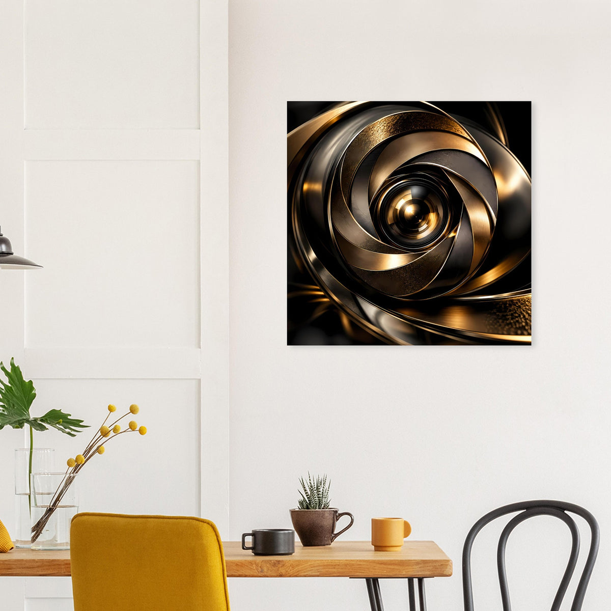 Poster mit goldener Spirale und schwarzen Wirbeln in konzentrischen Ringen