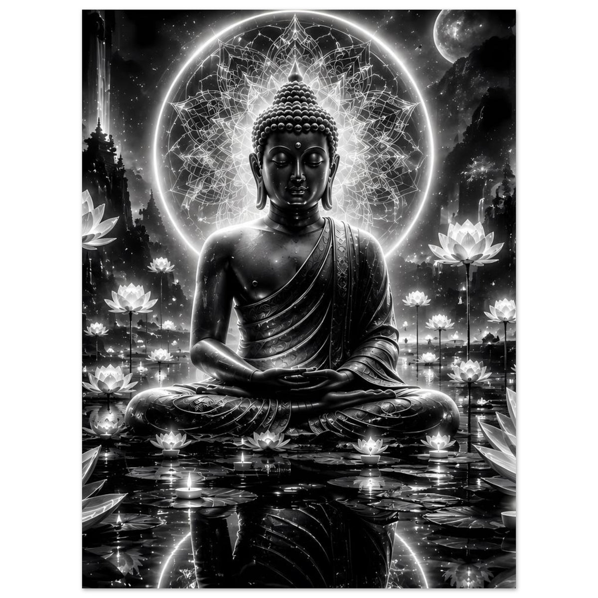 Buddha-Poster im Hochformat: sitzender Buddha, leuchtender Ring und Lotusblüten