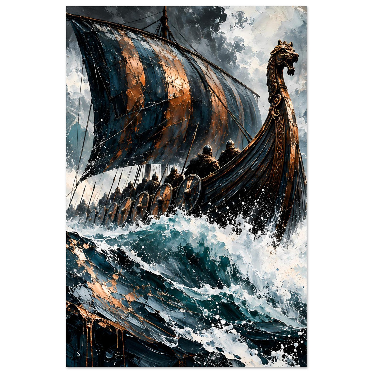 Hochformat-Poster mit Wikinger-Langschiff, dunkle Reling, Wellen mit Schaumkronen