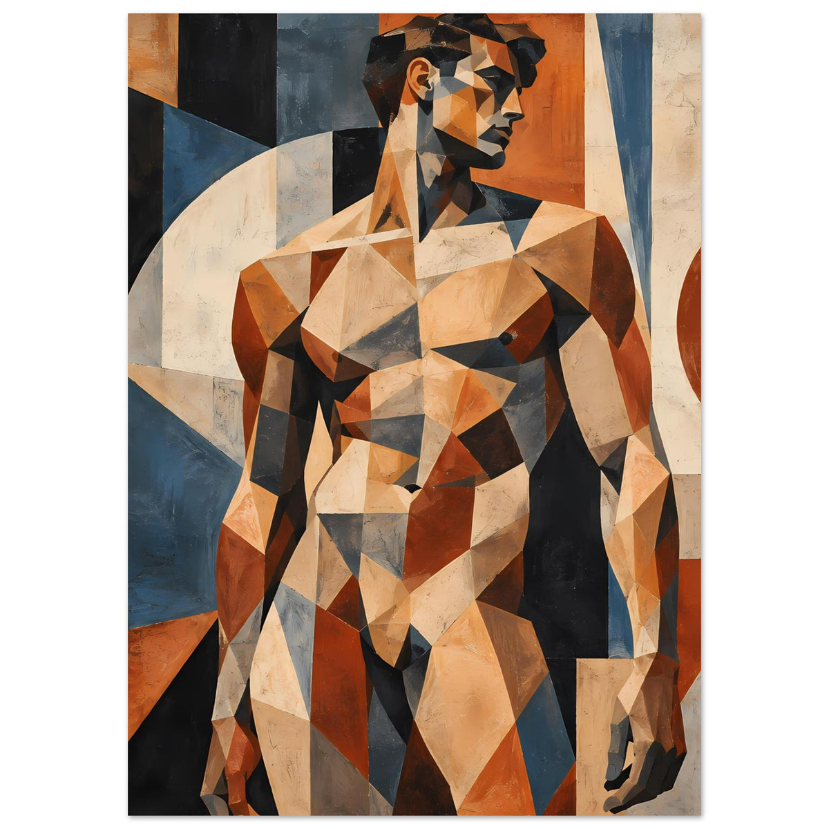 Kunstposter mit geometrischer Aktfigur eines Mannes, klarer Blick auf Gesicht und Oberkörper