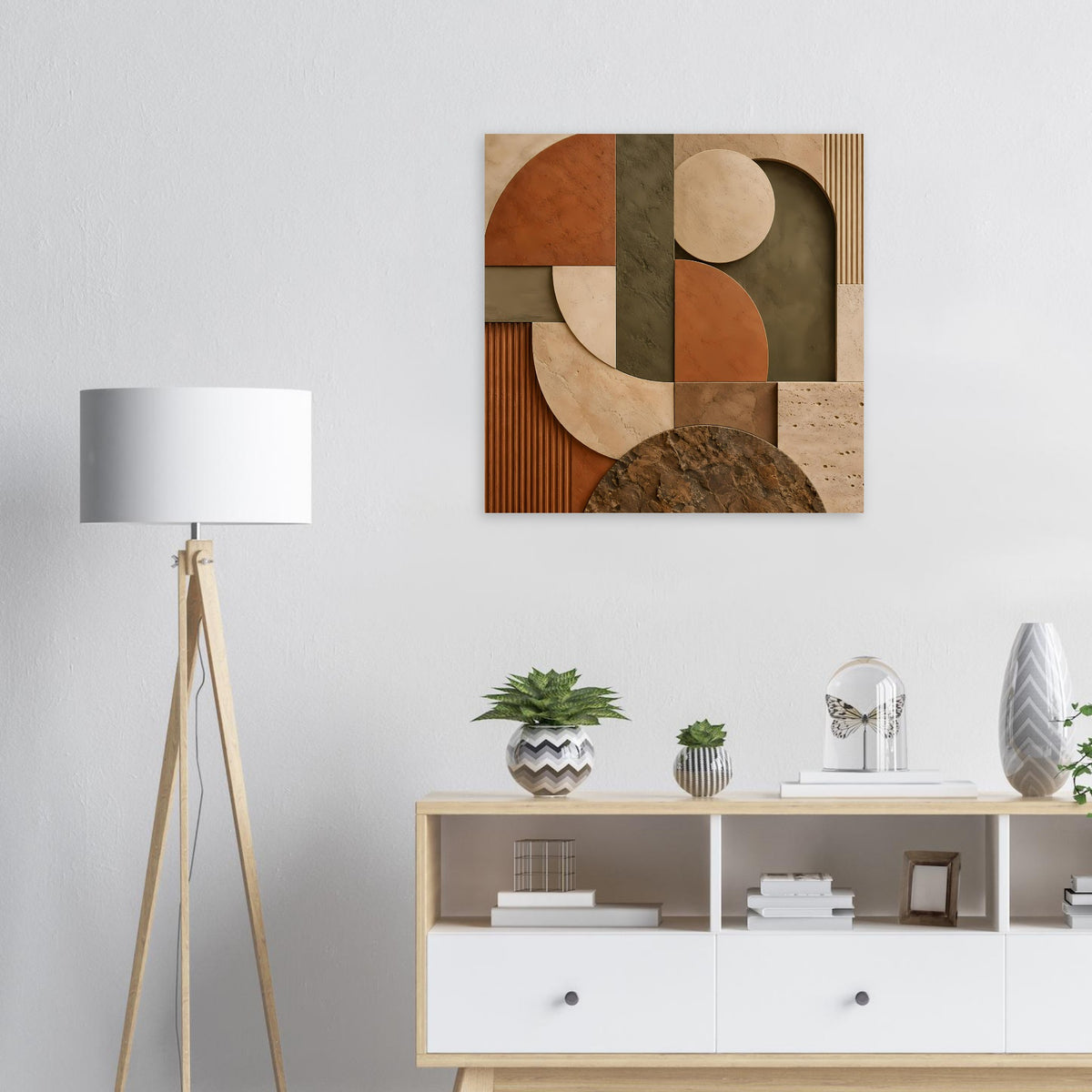Abstraktes Poster in Erdtönen: geometrische Kreise und Rechtecke im Rahmen